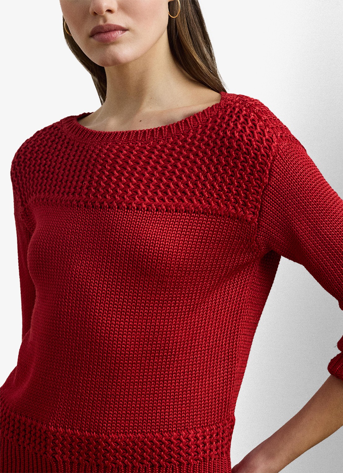 Ralph Lauren Grofgebreide trui met boothals - detail 2 madison red / rood