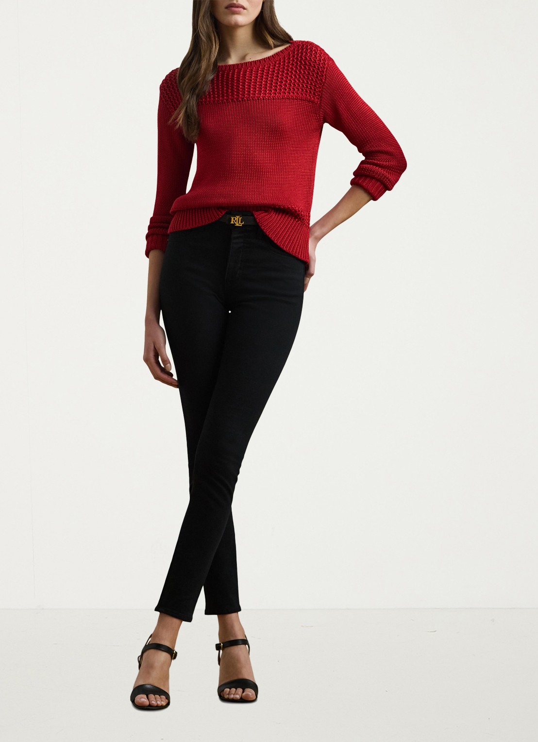 Ralph Lauren Grofgebreide trui met boothals - voorkant 4 madison red / rood