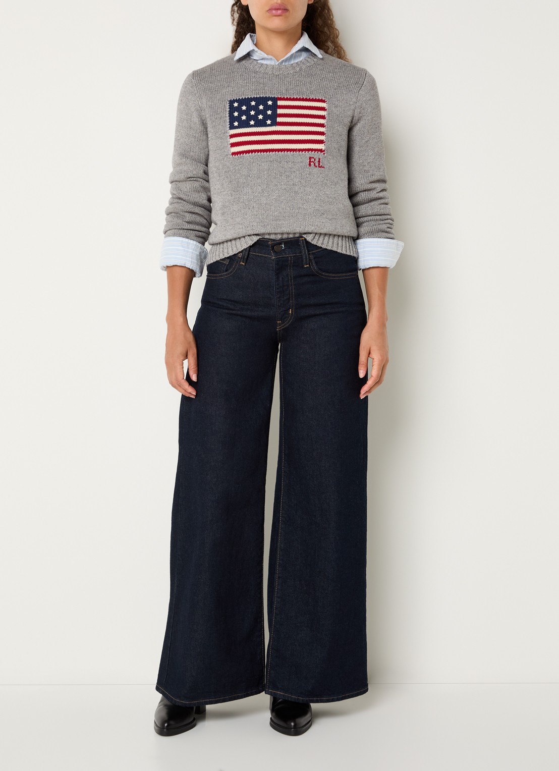 Ralph Lauren Grofgebreide trui met borduring - voorkant 2 grijs