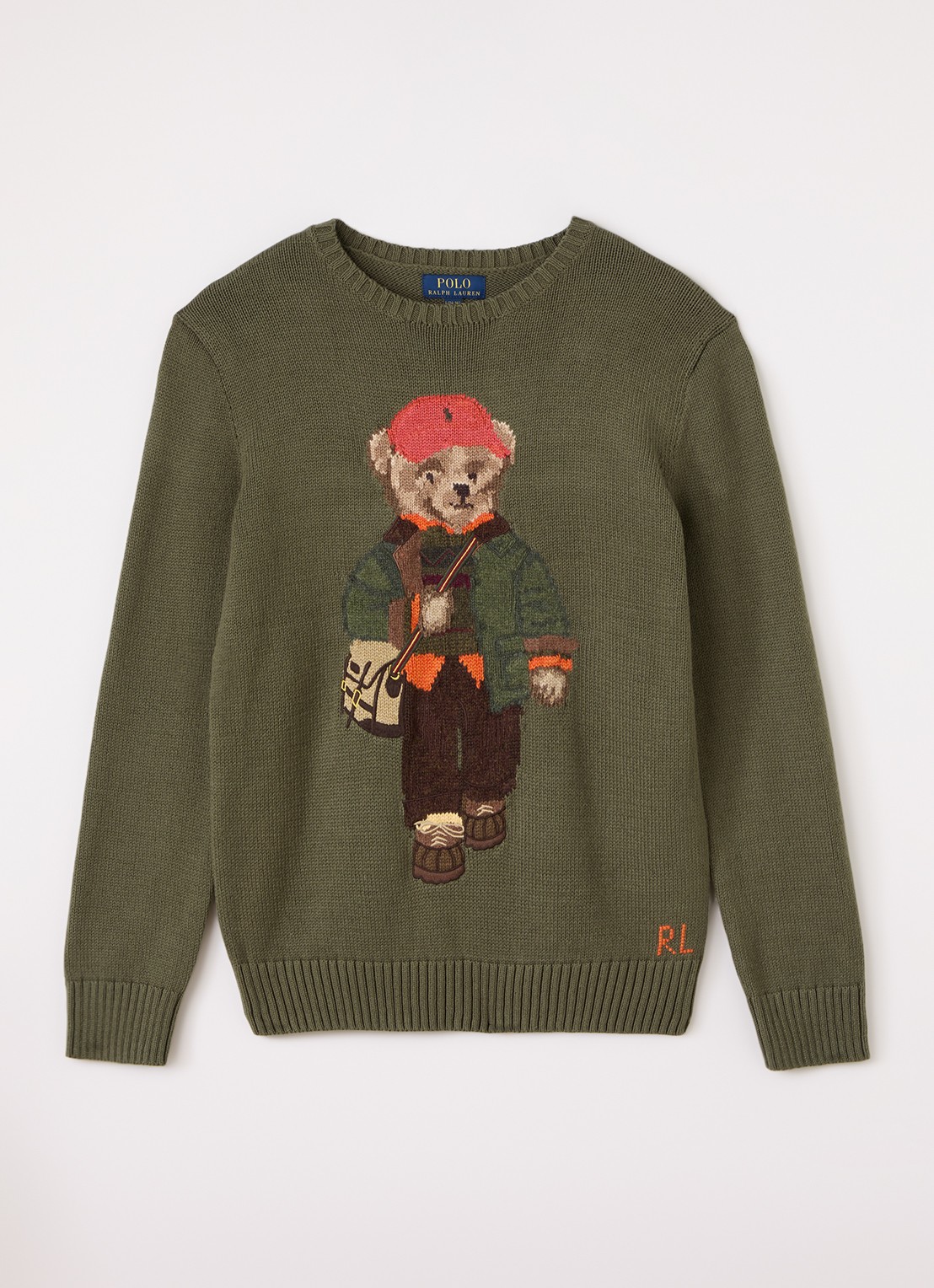 Ralph Lauren Grofgebreide trui met ingebreide logoprint - voorkant olijfgroen