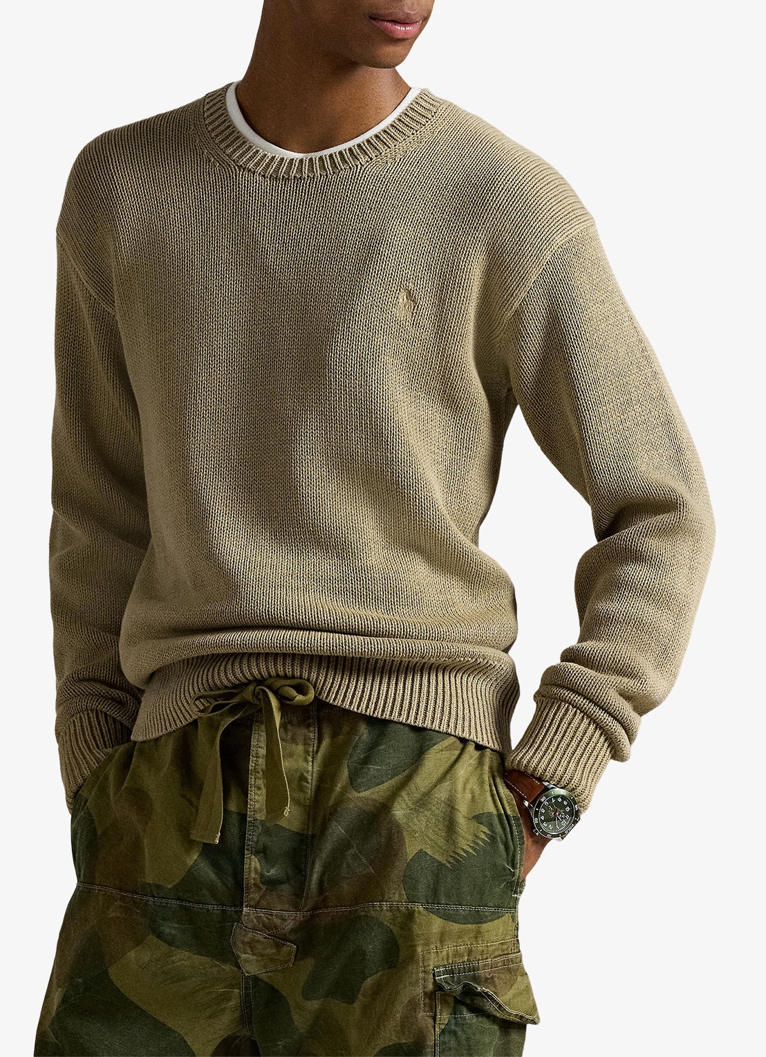 Ralph Lauren Grofgebreide trui met logoborduring - voorkant 4 surrey tan / beige