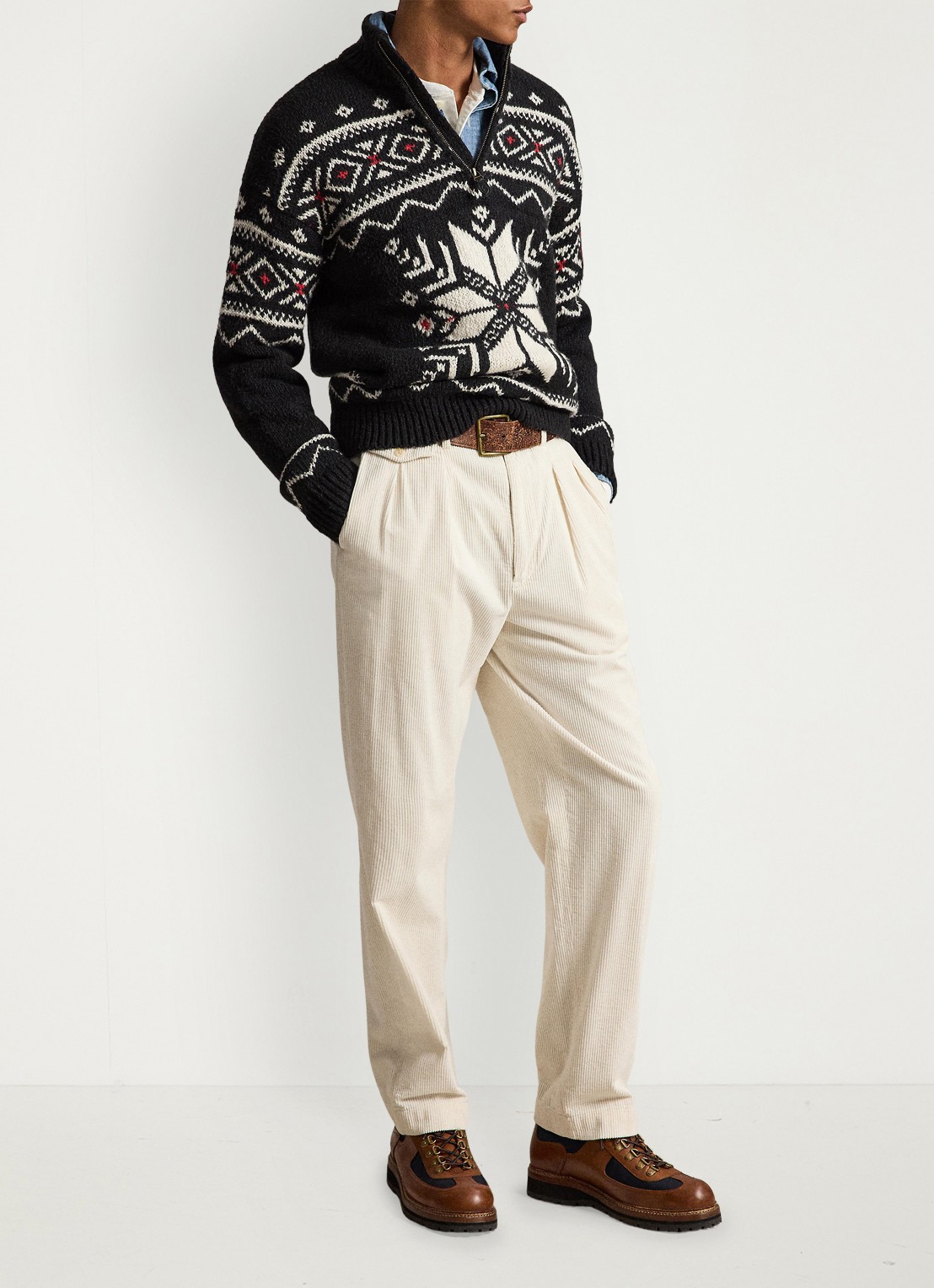 Ralph Lauren Grofgebreide trui van wol met ingebreid patroon en halve rits - detail 3 black combo / zwart