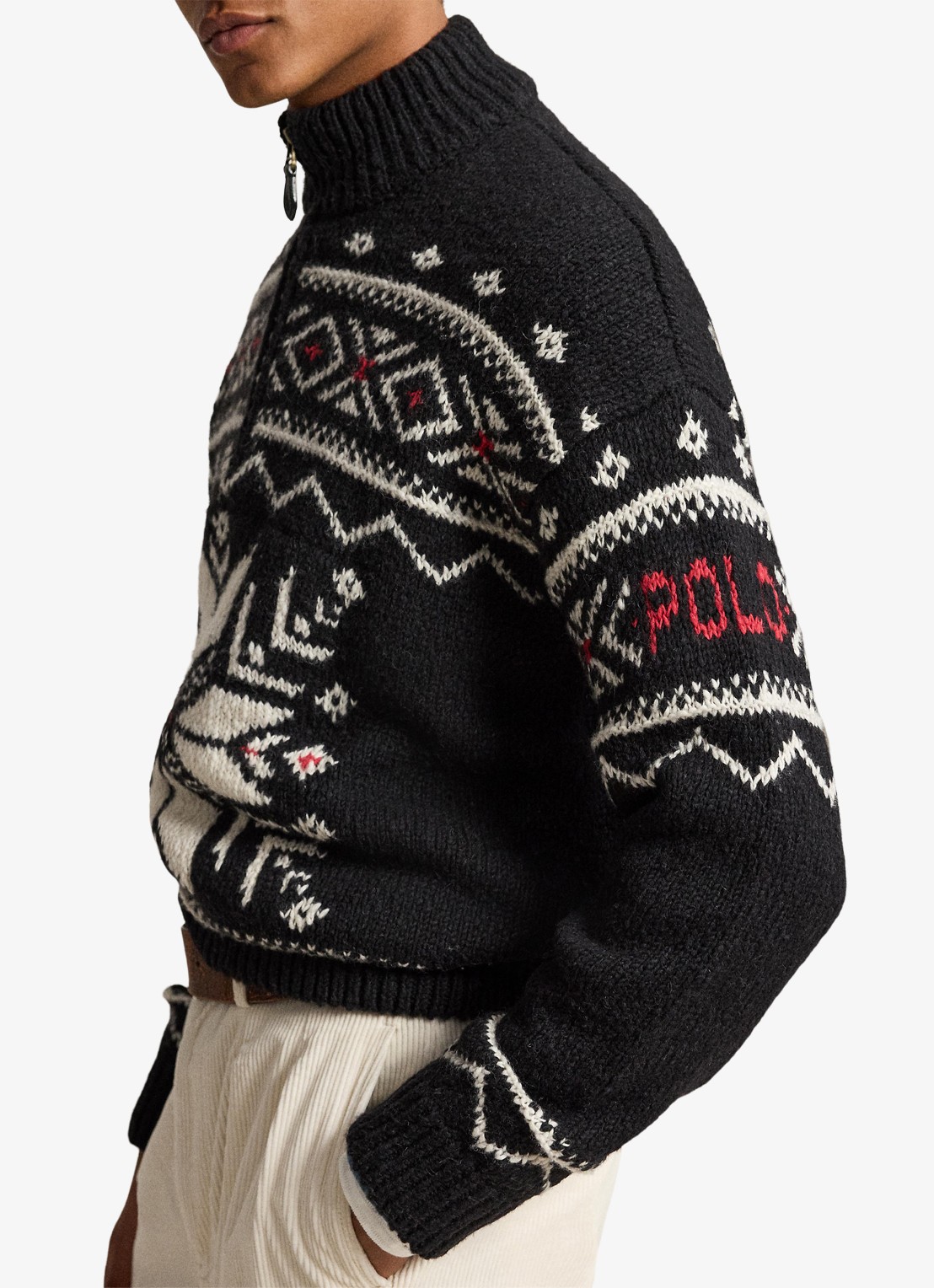 Ralph Lauren Grofgebreide trui van wol met ingebreid patroon en halve rits - detail 4 black combo / zwart