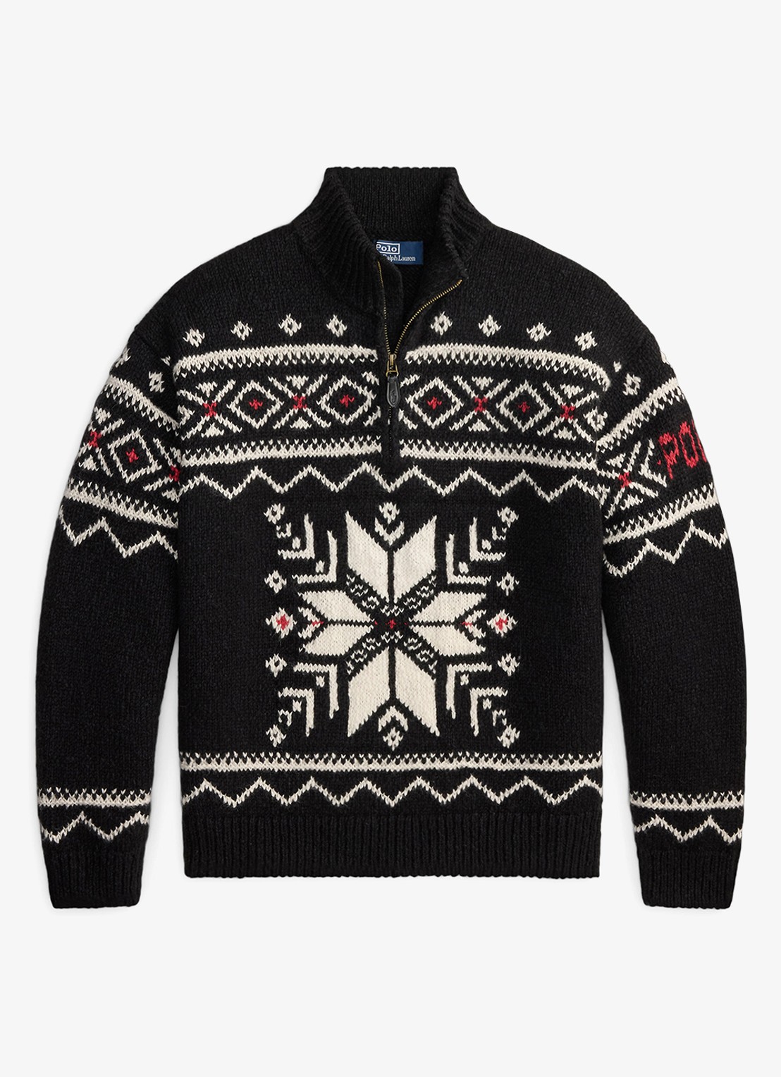 Ralph Lauren Grofgebreide trui van wol met ingebreid patroon en halve rits - voorkant black combo / zwart