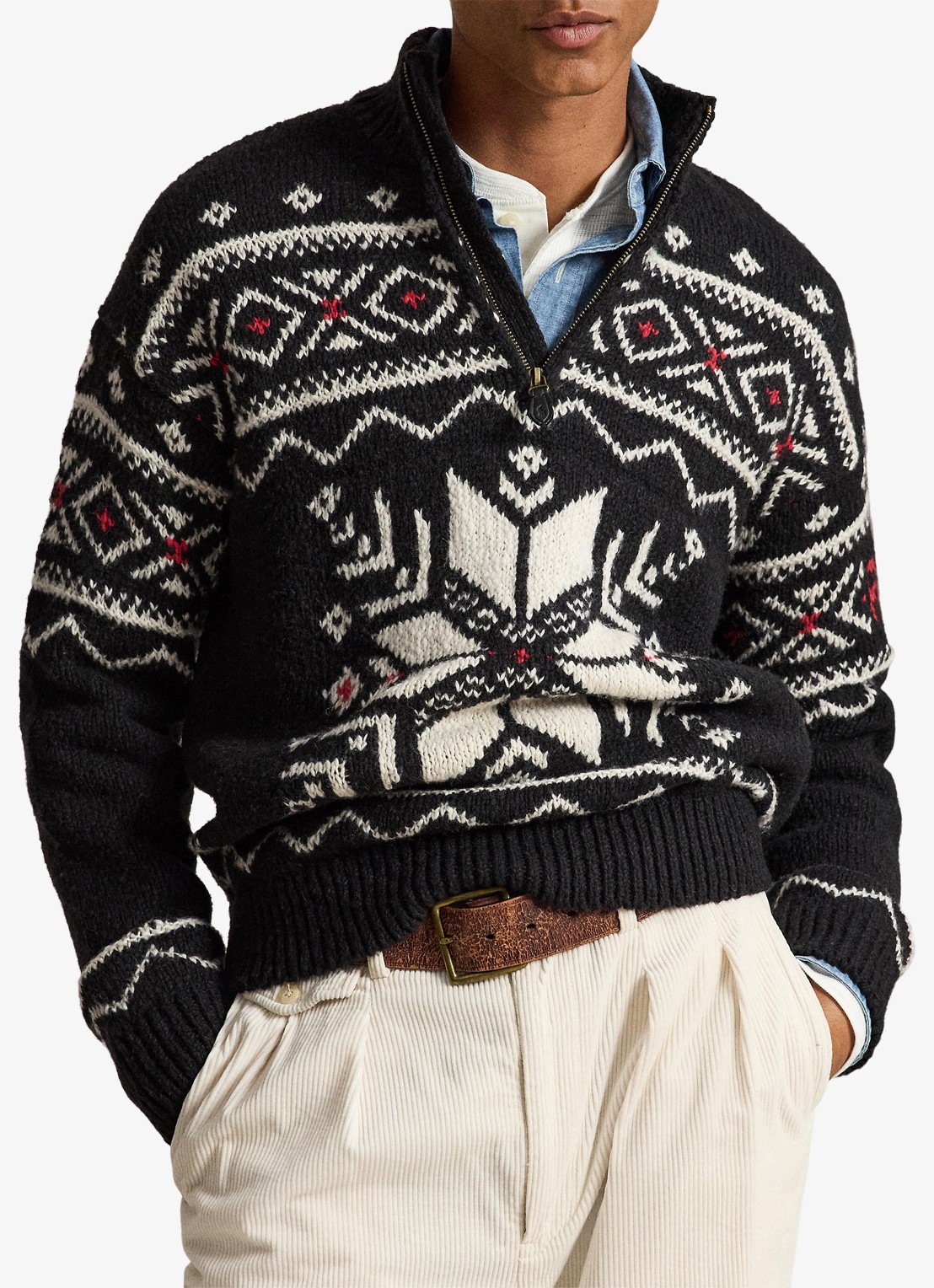 Ralph Lauren Grofgebreide trui van wol met ingebreid patroon en halve rits - voorkant 2 black combo / zwart