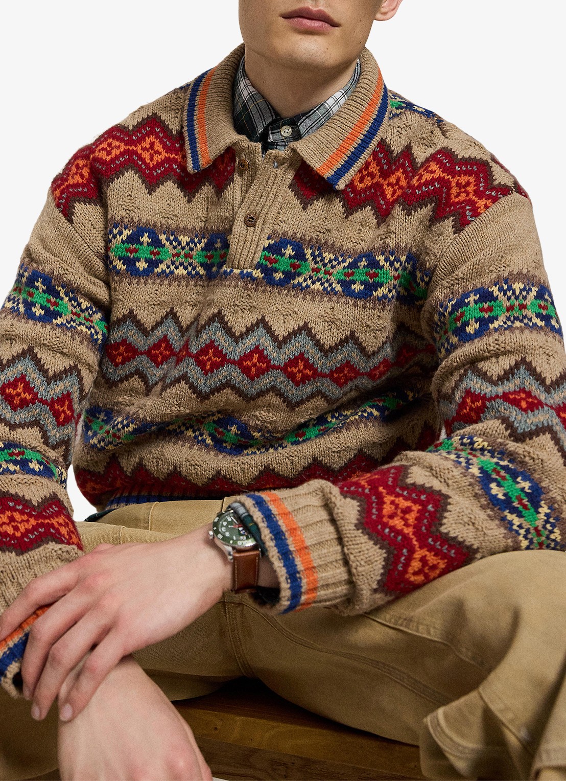 Ralph Lauren Grofgebreide trui van wol met ingebreid patroon - voorkant 2 tan multi-2wce / beige