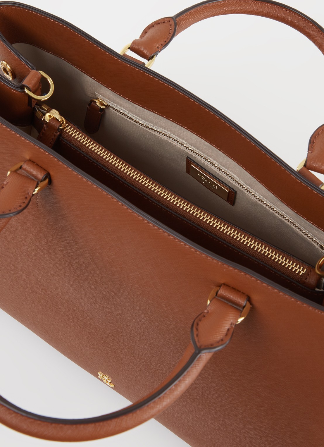 Ralph Lauren Handtas van leer met logo - detail cognac