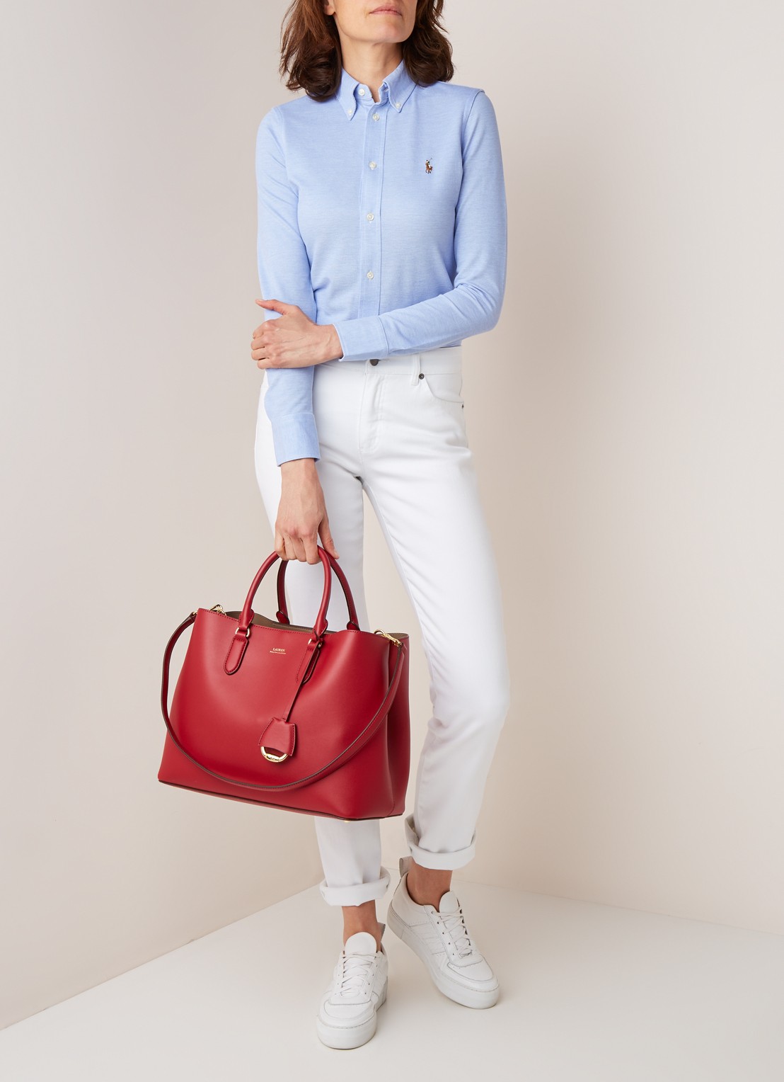 Ralph Lauren Heidi Oxford blouse van piqué katoen  - voorkant 3 lichtblauw
