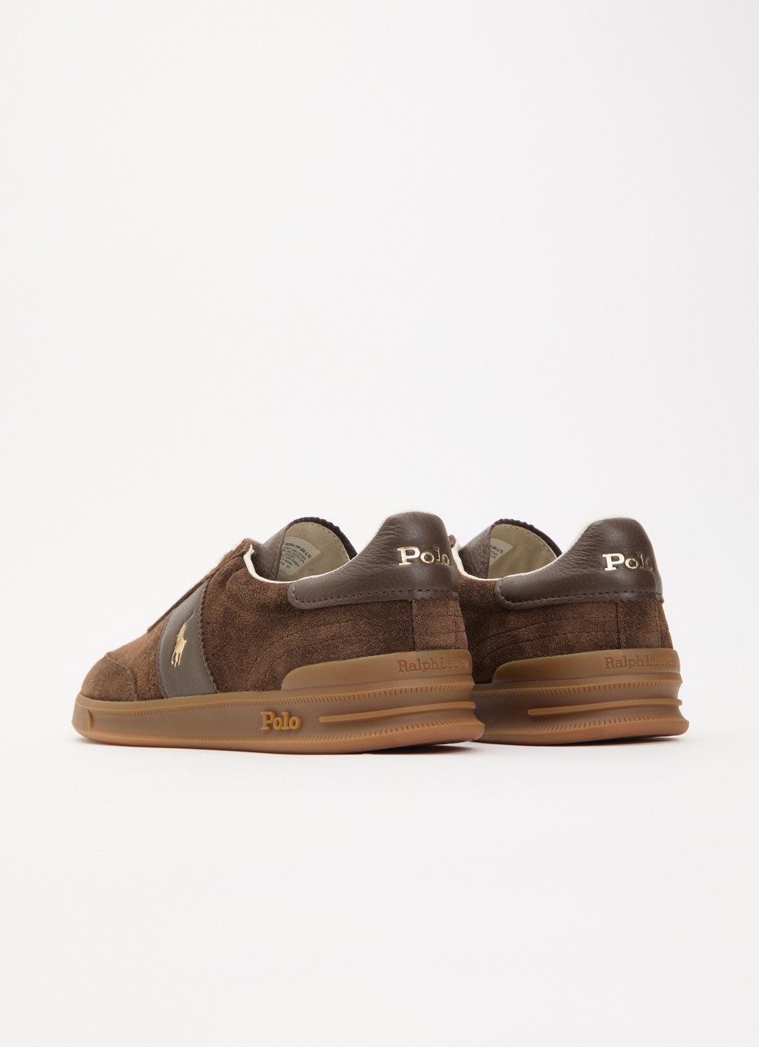 Ralph Lauren Heritage Aera sneaker van suède met leren details en logo - achterkant chocoladebruin