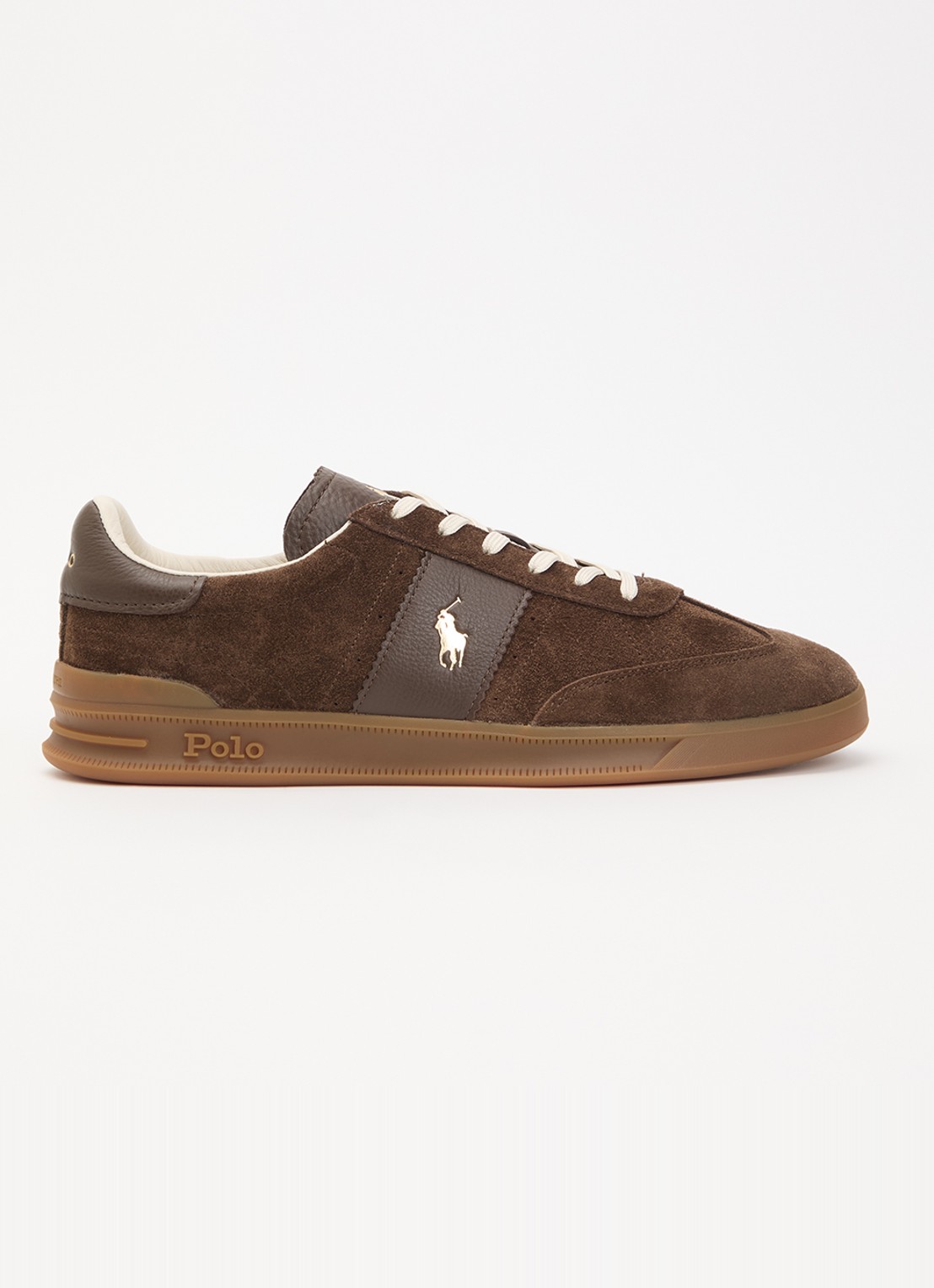 Ralph Lauren Heritage Aera sneaker van suède met leren details en logo - voorkant 5 chocoladebruin