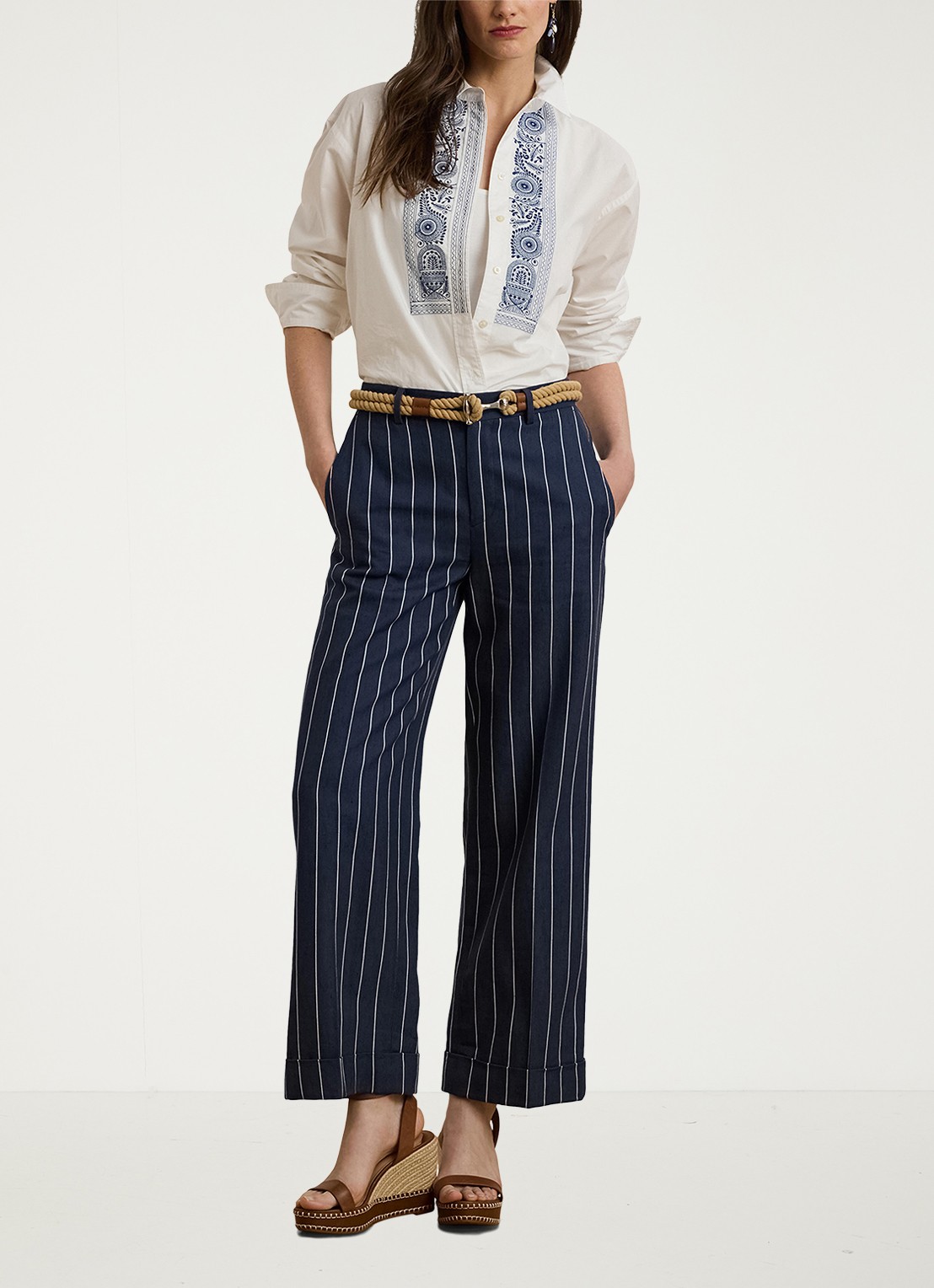 Ralph Lauren High waist cropped straight fit broek met streepprint - voorkant 2 blauw