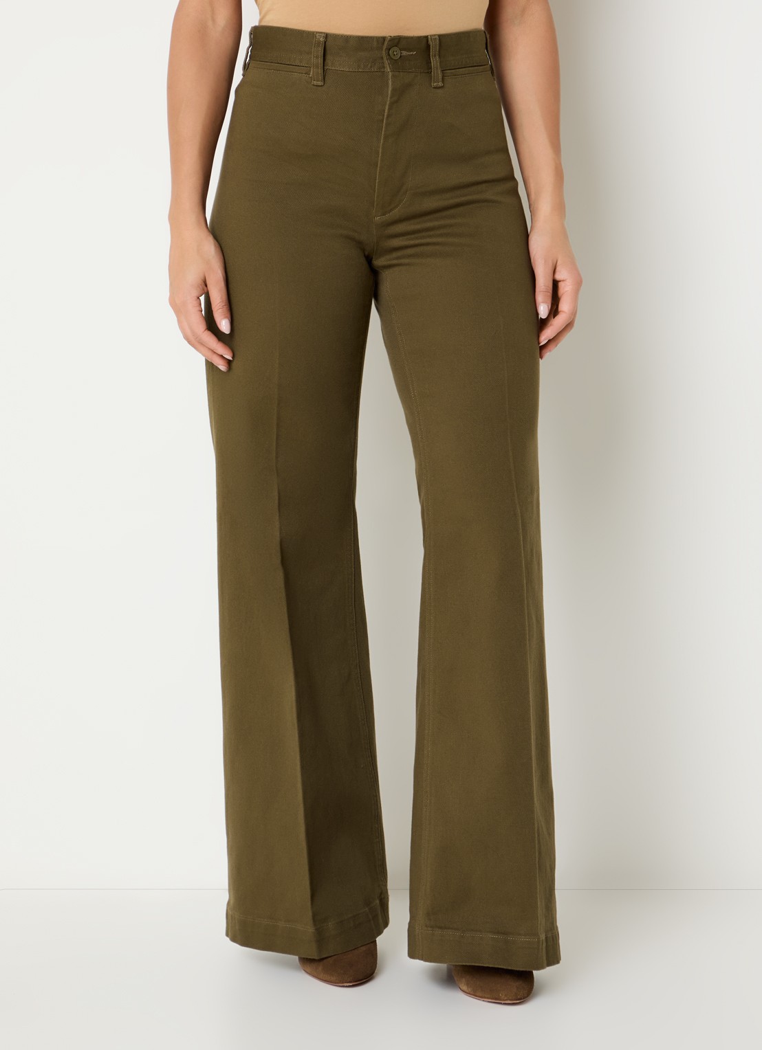 Ralph Lauren High waist flared jeans met gekleurde wassing en persplooi - detail olijfgroen