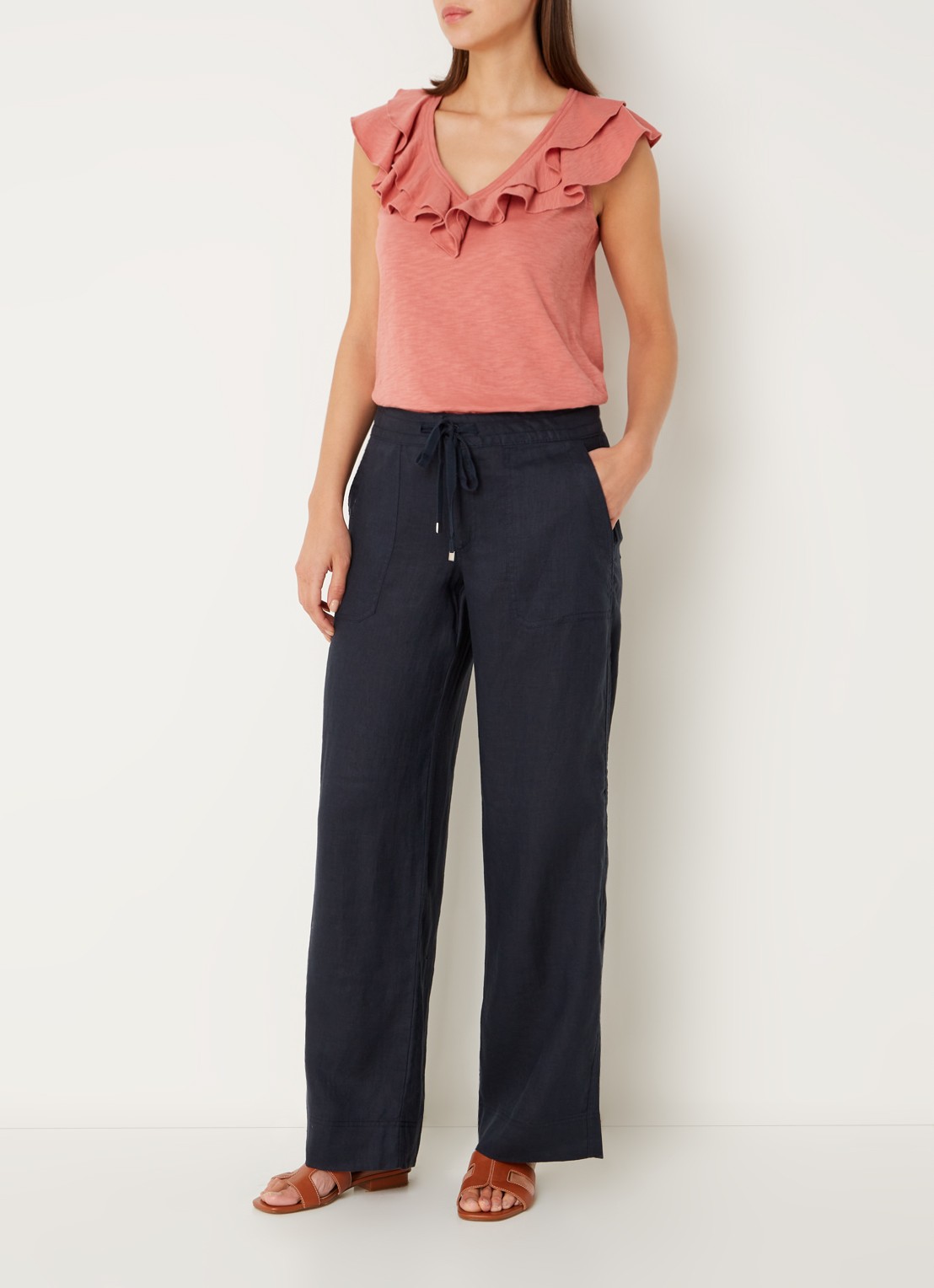 Ralph Lauren High waist loose fit pantalon van linnen - voorkant 2 lauren navy / donkerblauw