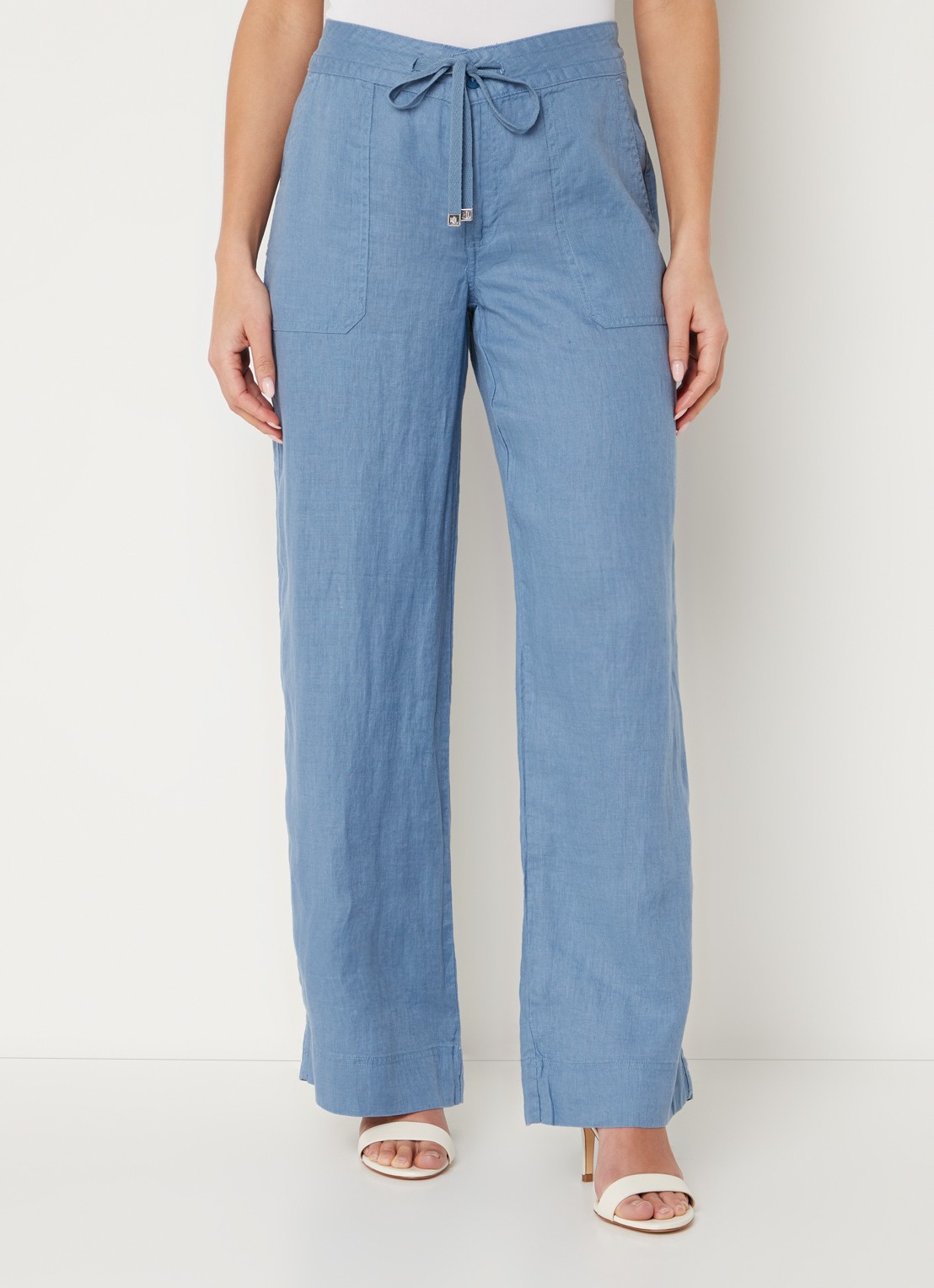 Ralph Lauren High waist loose fit pantalon van linnen - detail pale azure / staalblauw