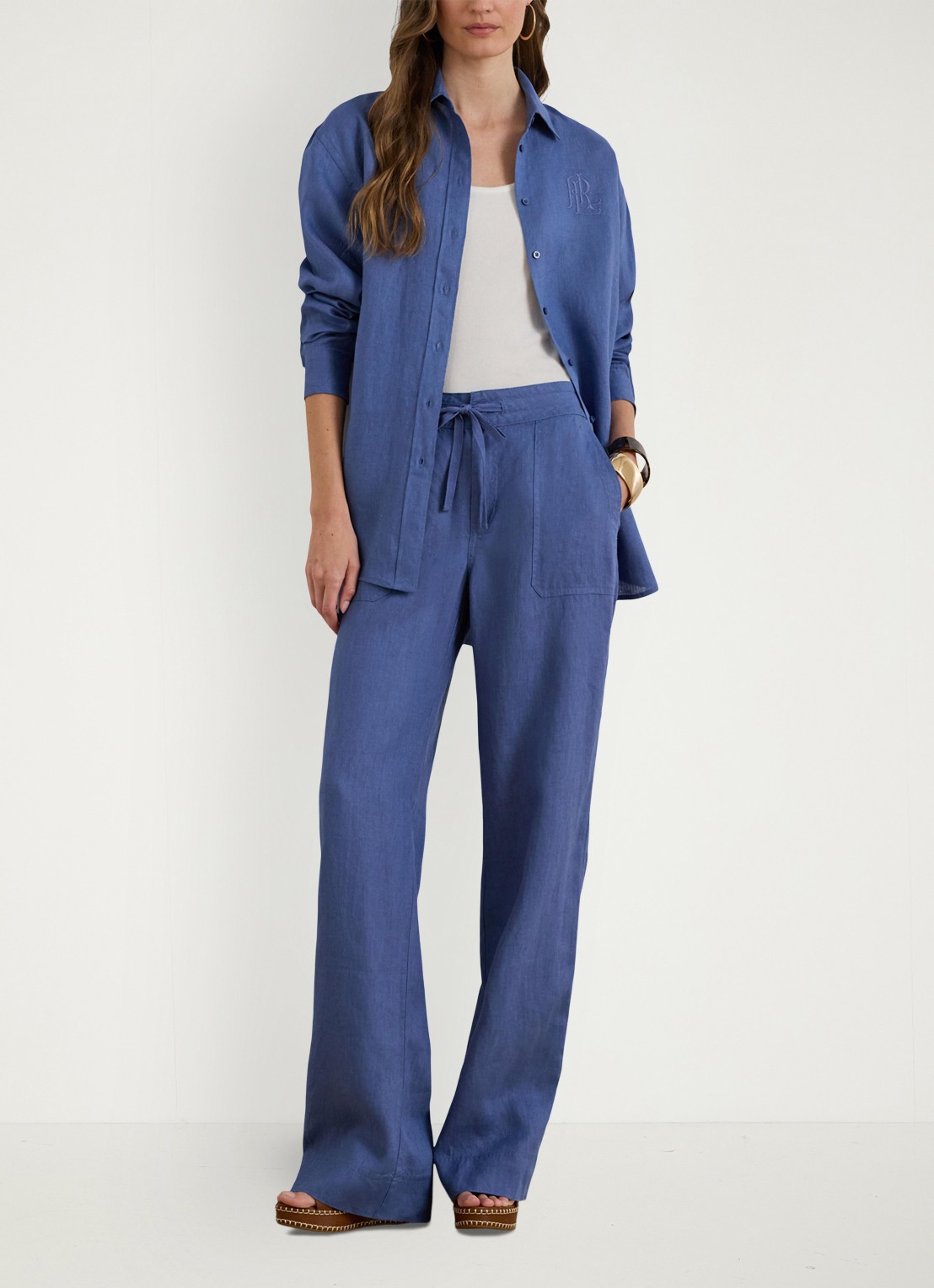 Ralph Lauren High waist loose fit pantalon van linnen - voorkant 5 carson blue / blauw