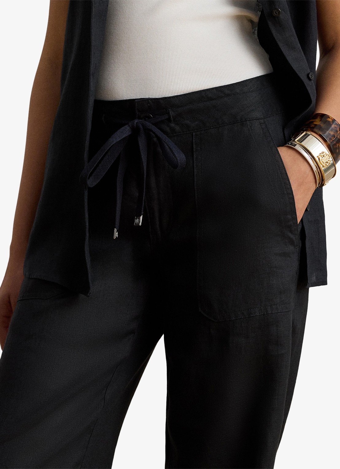 Ralph Lauren High waist loose fit pantalon van linnen - detail 2 polo black / zwart