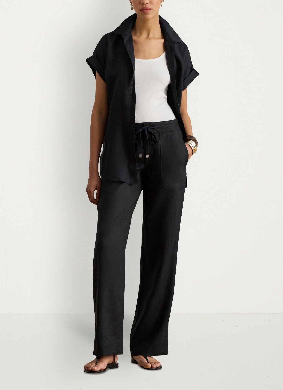 Ralph Lauren High waist loose fit pantalon van linnen - voorkant 4 polo black / zwart