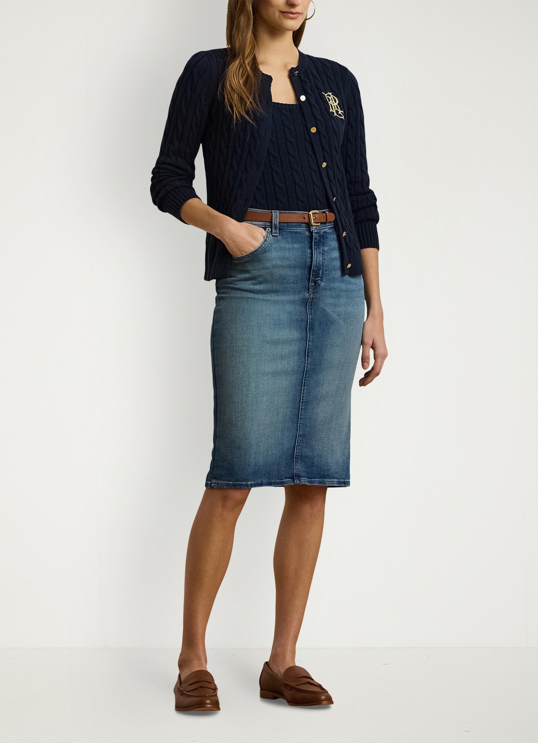 Ralph Lauren High waist midi spijkerrok met steekzakken - voorkant 2 sunset indigo wash / indigo