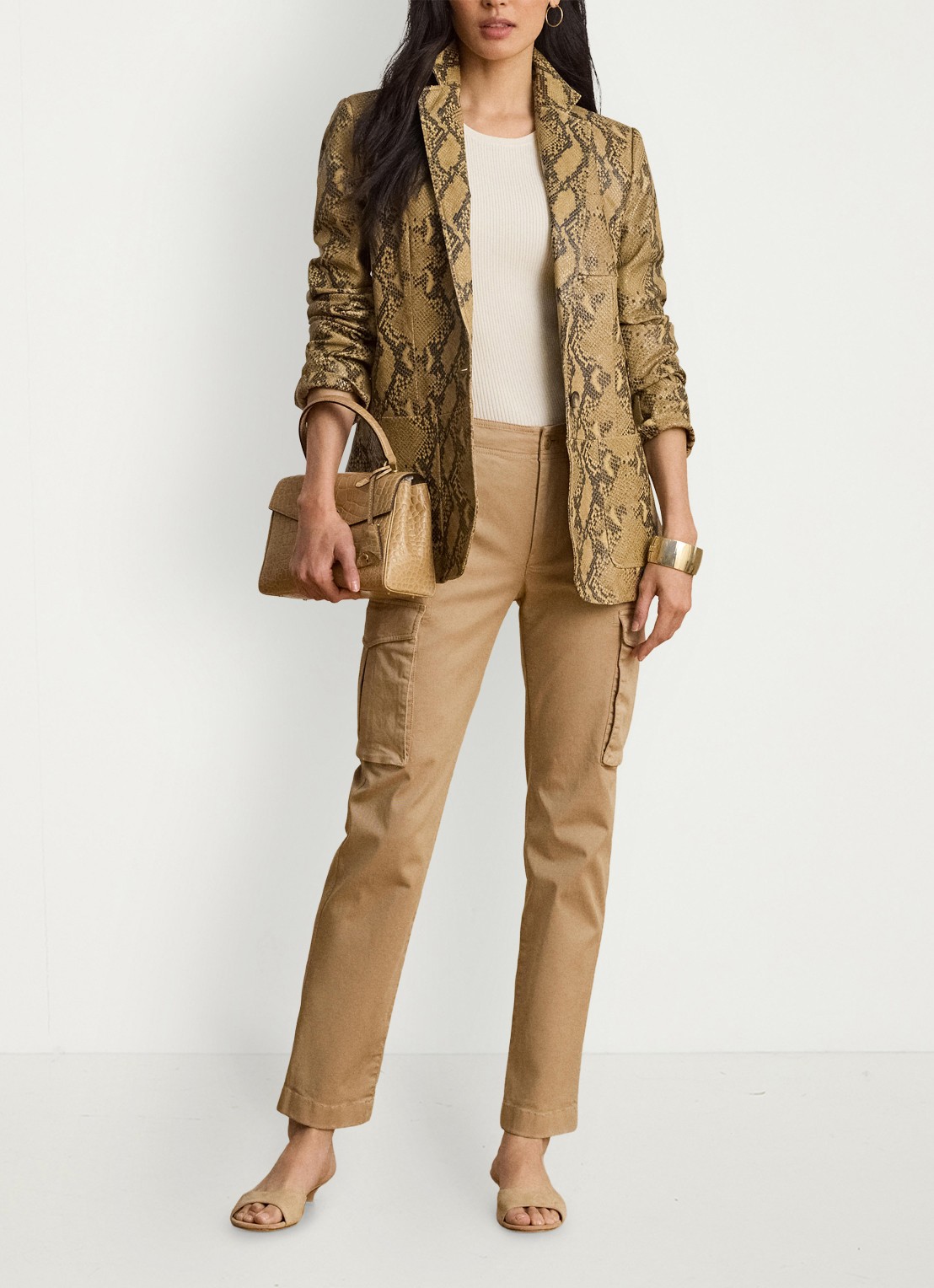 Ralph Lauren High waist slim fit cargobroek met opgestikte zakken - voorkant 5 birch tan / beige