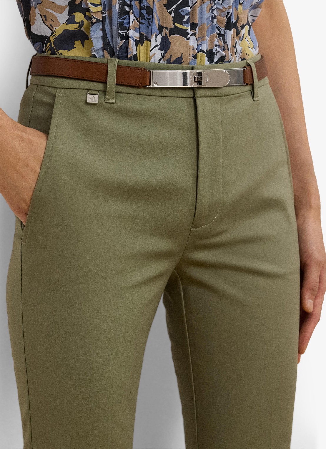 Ralph Lauren High waist slim fit cropped pantalon met steekzakken - detail 3 sage green / legergroen