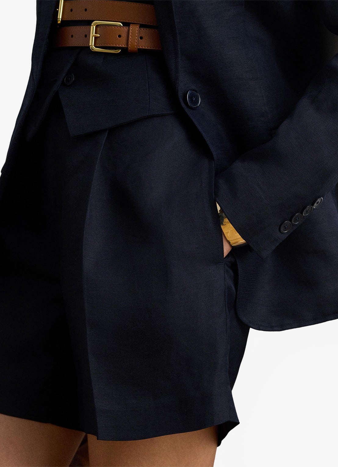 Ralph Lauren High waist straight fit korte broek in linnenblend - detail 3 lauren navy / donkerblauw