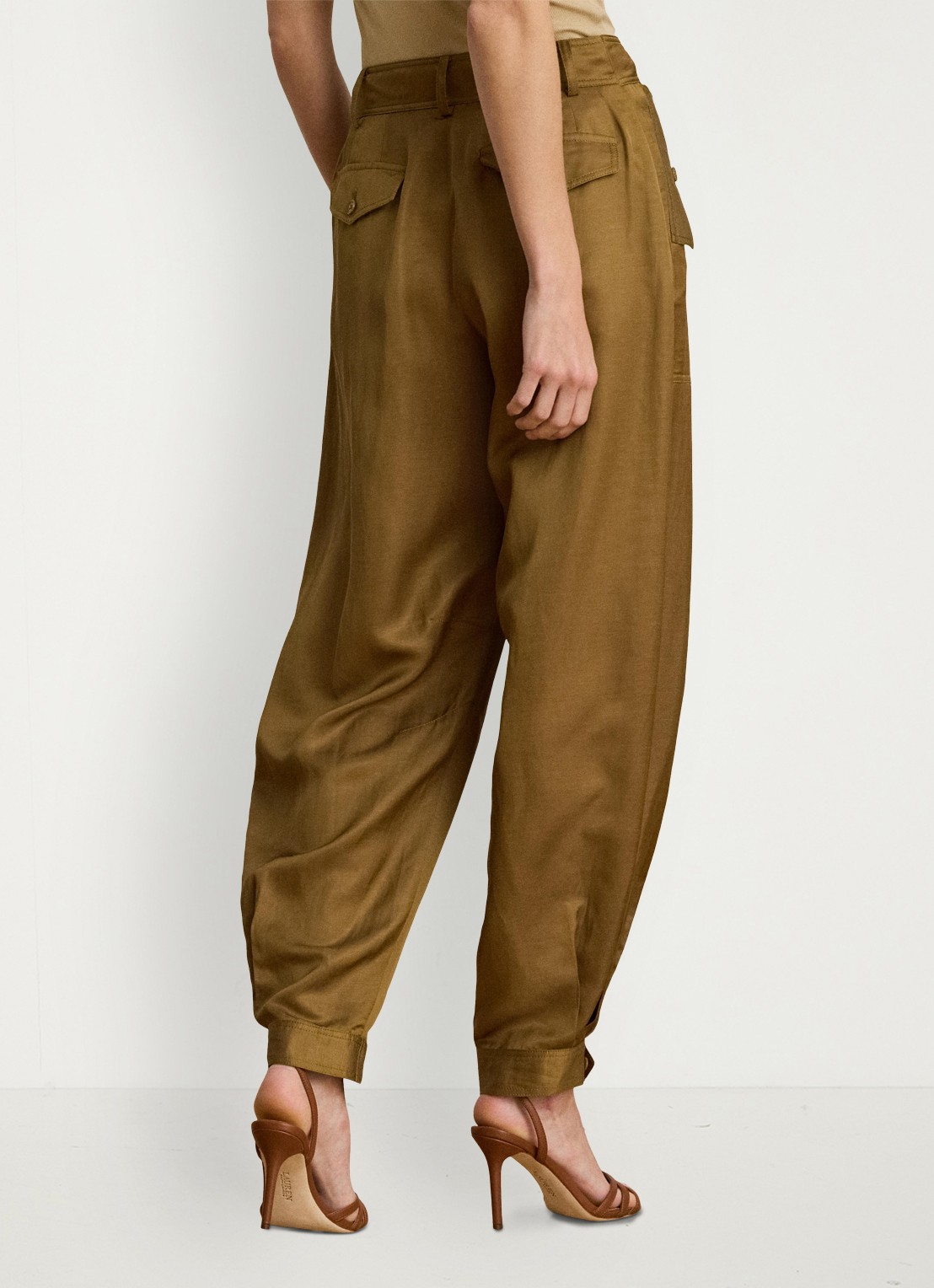 Ralph Lauren High waist tapered fit cargobroek in linnenblend met klepzakken - achterkant tobacco bronze / bruin