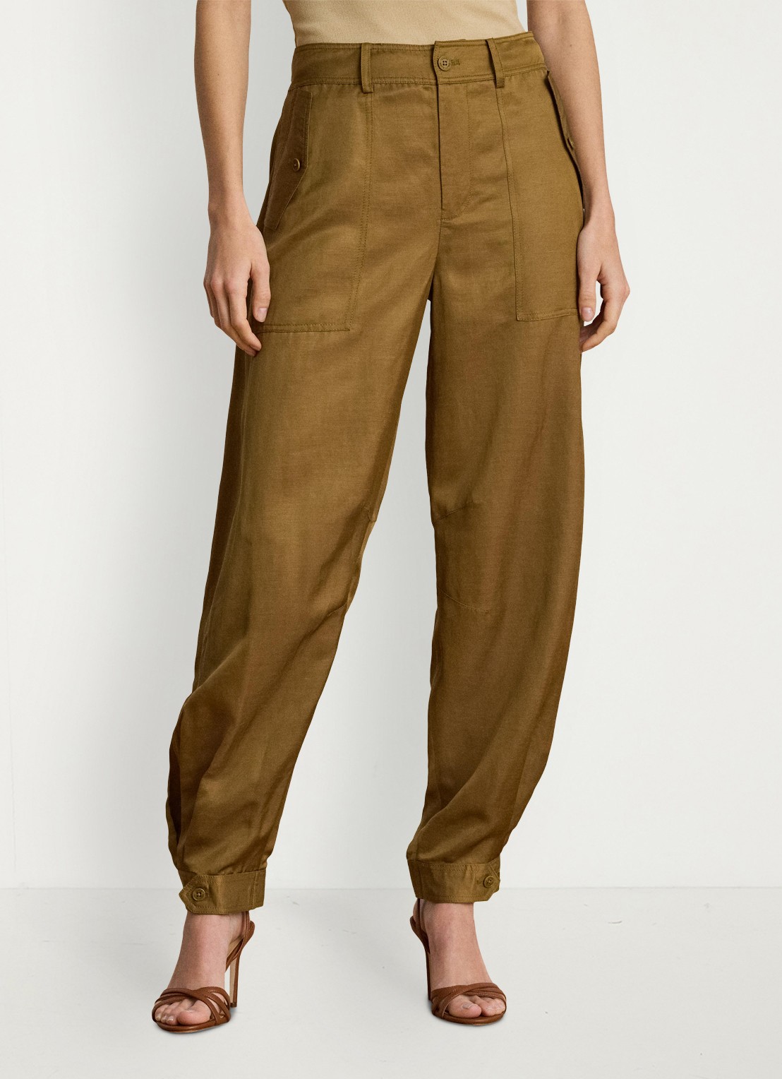 Ralph Lauren High waist tapered fit cargobroek in linnenblend met klepzakken - detail 4 tobacco bronze / bruin