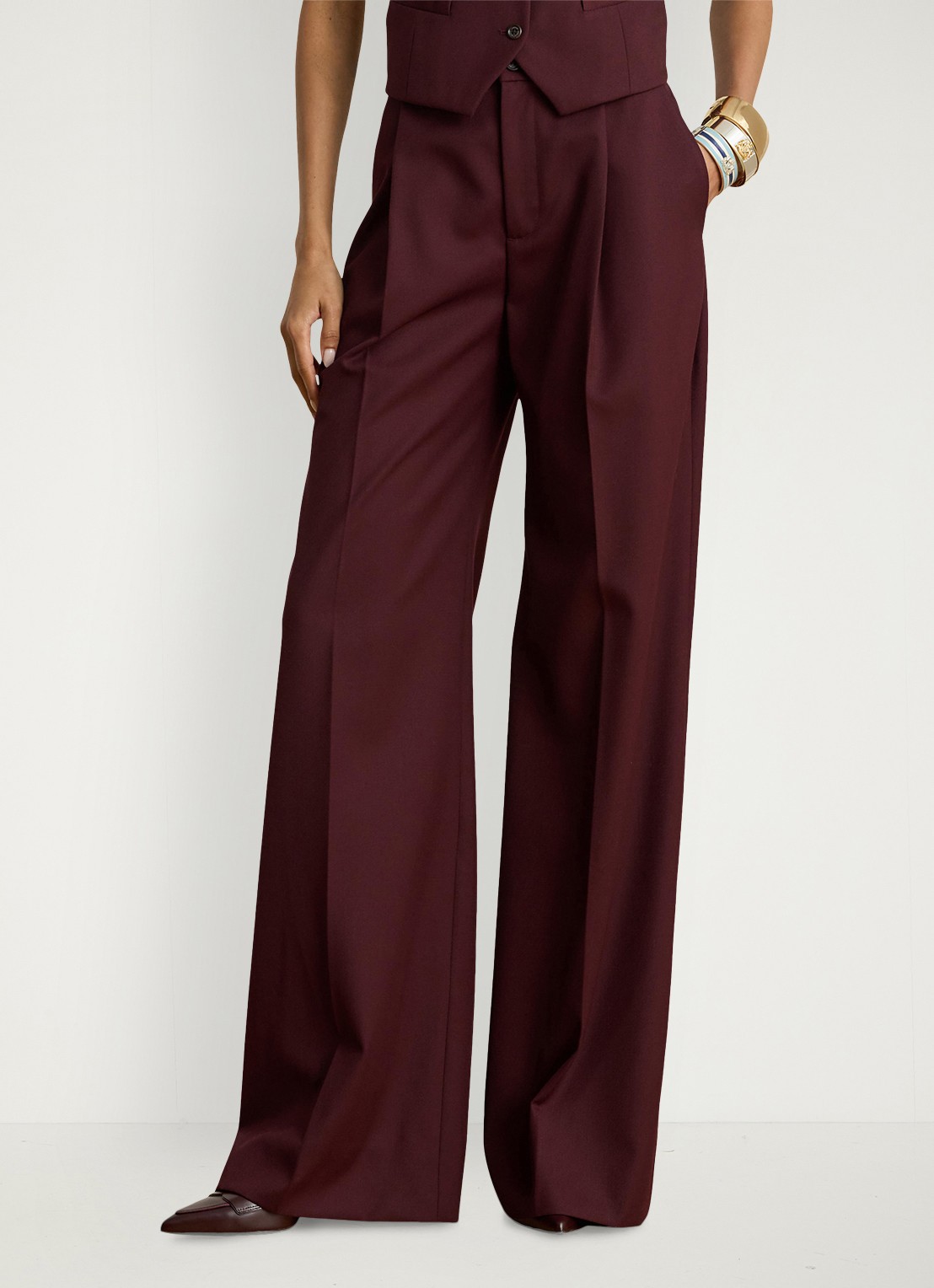Ralph Lauren High waist wide fit broek in wolblend  - detail 2 dark garnet / bordeauxrood