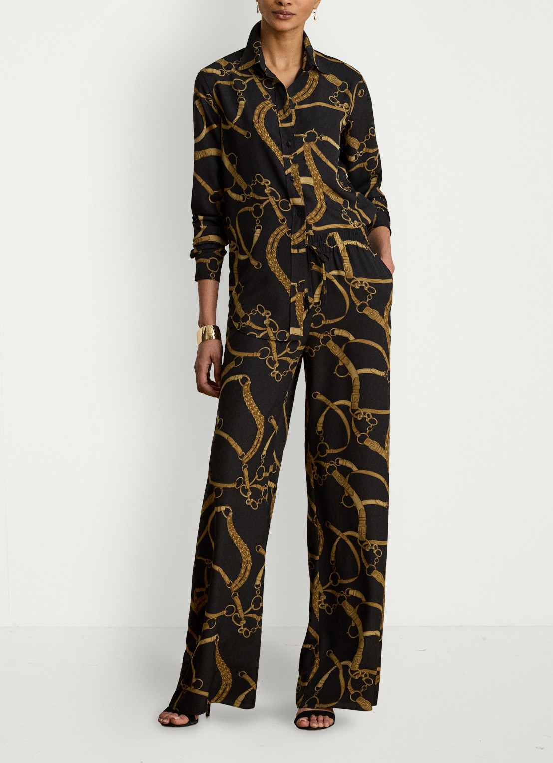 Ralph Lauren High waist wide fit broek met print - voorkant 4 black/tan / zwart