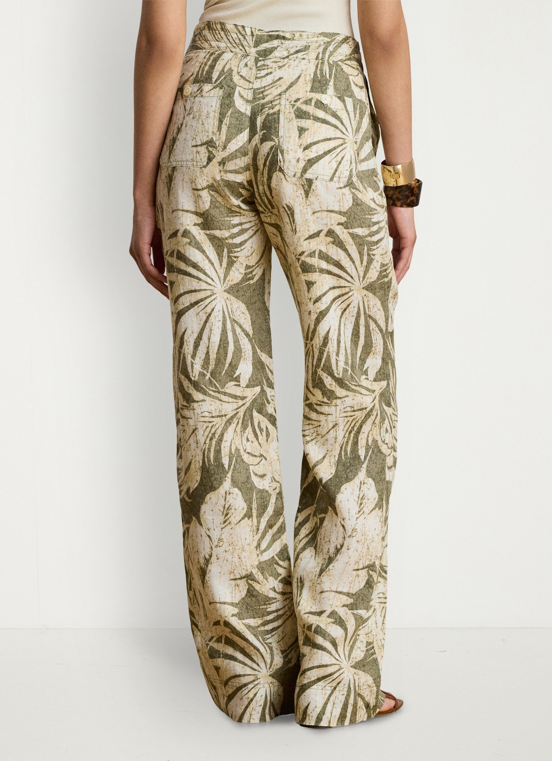 Ralph Lauren High waist wide fit broek van linnen met bladprint - achterkant olive multi / groen