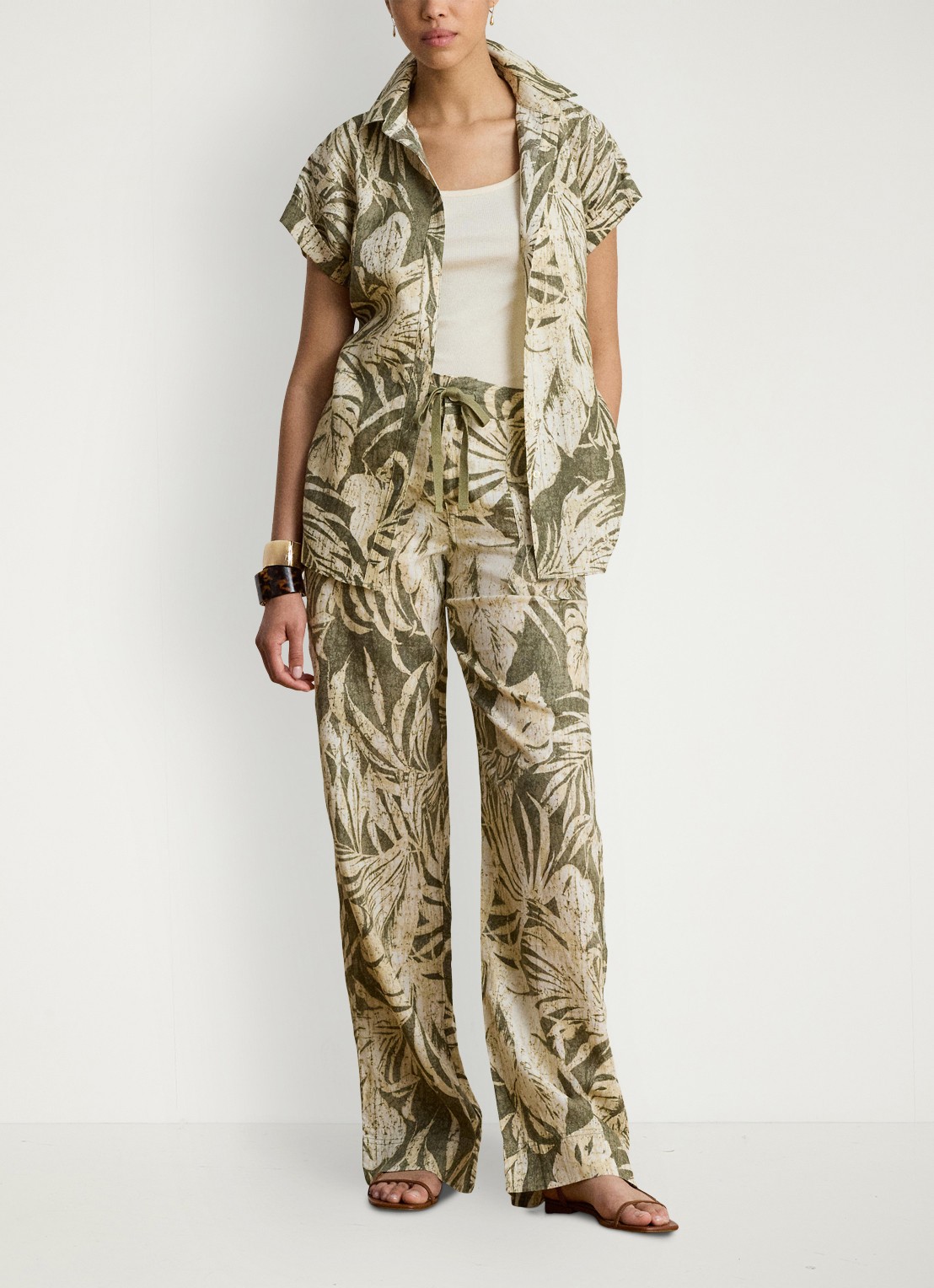 Ralph Lauren High waist wide fit broek van linnen met bladprint - voorkant 5 olive multi / groen