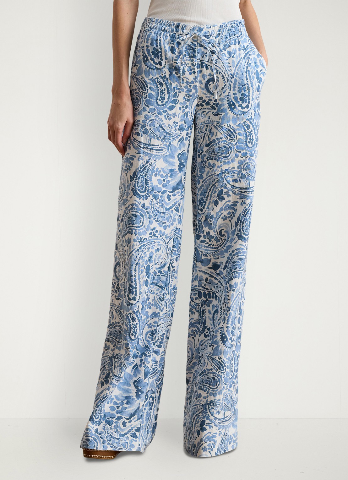 Ralph Lauren High waist wide fit broek van linnen met paisley dessin - detail 4 white/blue-2wxt