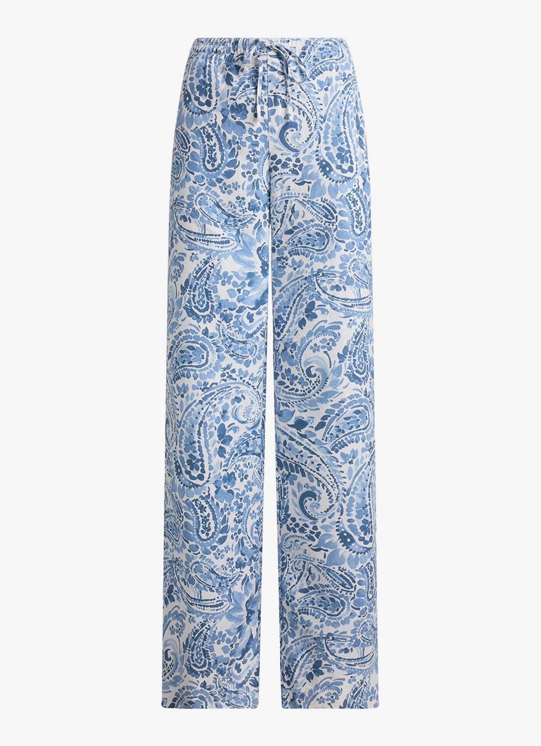 Ralph Lauren High waist wide fit broek van linnen met paisley dessin - voorkant 2 white/blue-2wxt