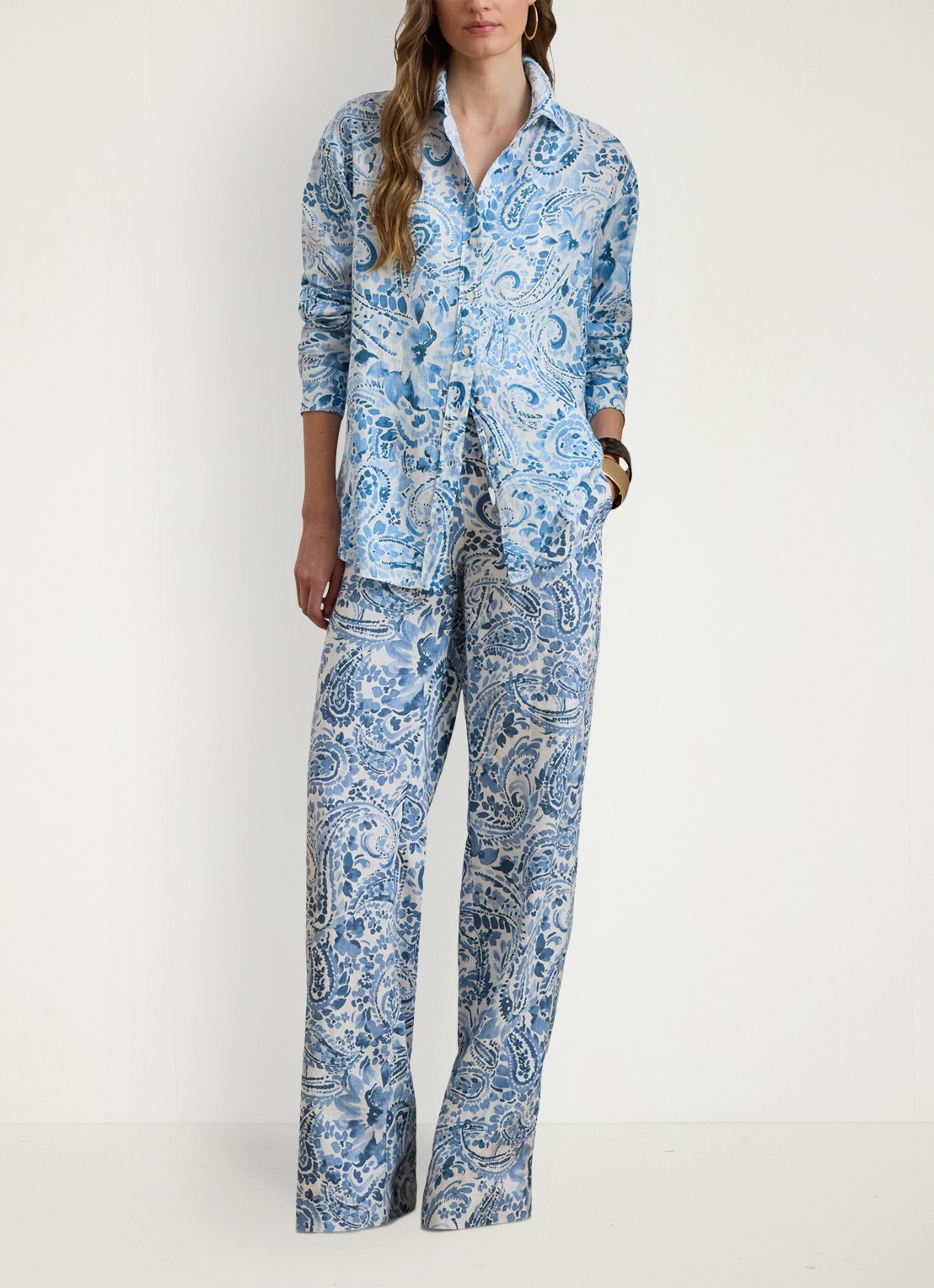 Ralph Lauren High waist wide fit broek van linnen met paisley dessin - voorkant 3 white/blue-2wxt