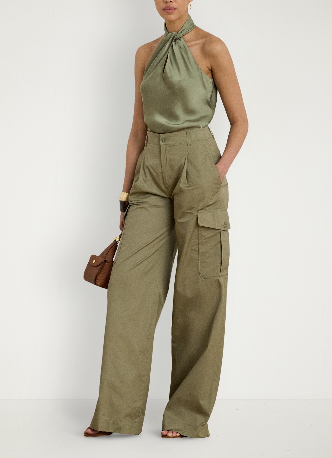 Ralph Lauren High waist wide fit cargobroek met opgestikte zakken - voorkant 2 light agave / groen