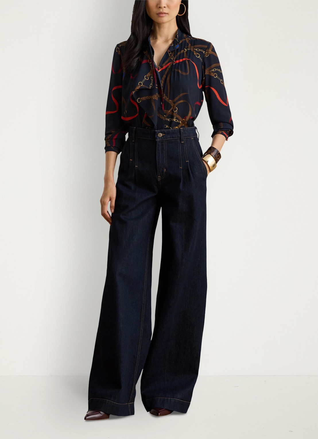 Ralph Lauren High waist wide fit jeans met plooidetails - voorkant 4 donkerblauw