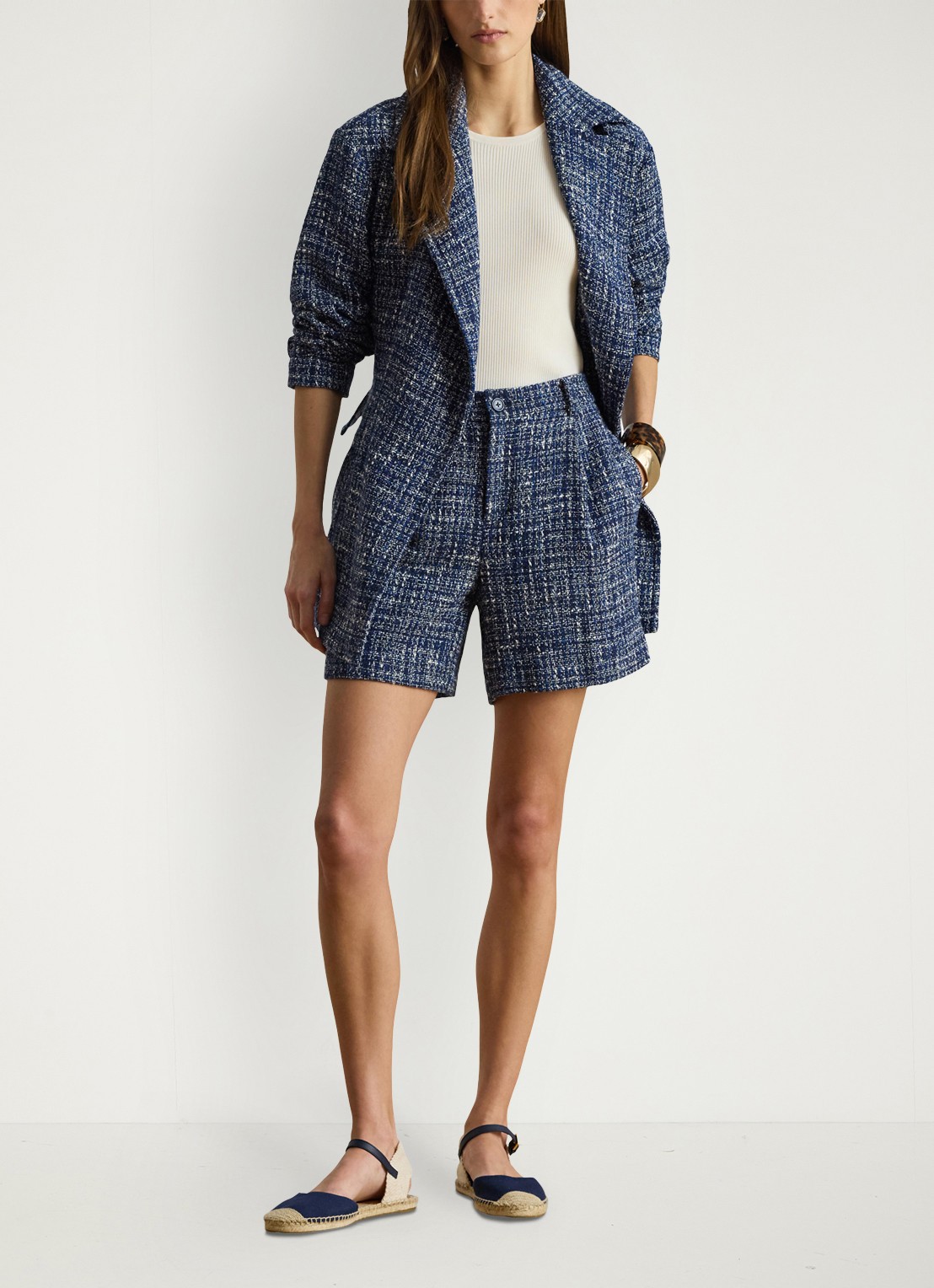 Ralph Lauren High waist wide fit korte broek met tweed-look - voorkant 3 navy blue multi / blauw