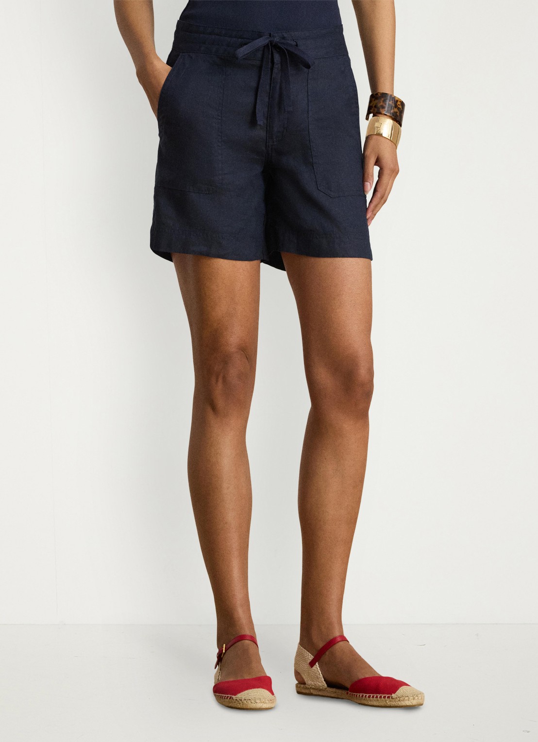 Ralph Lauren High waist wide fit korte broek van linnen - detail lauren navy / donkerblauw