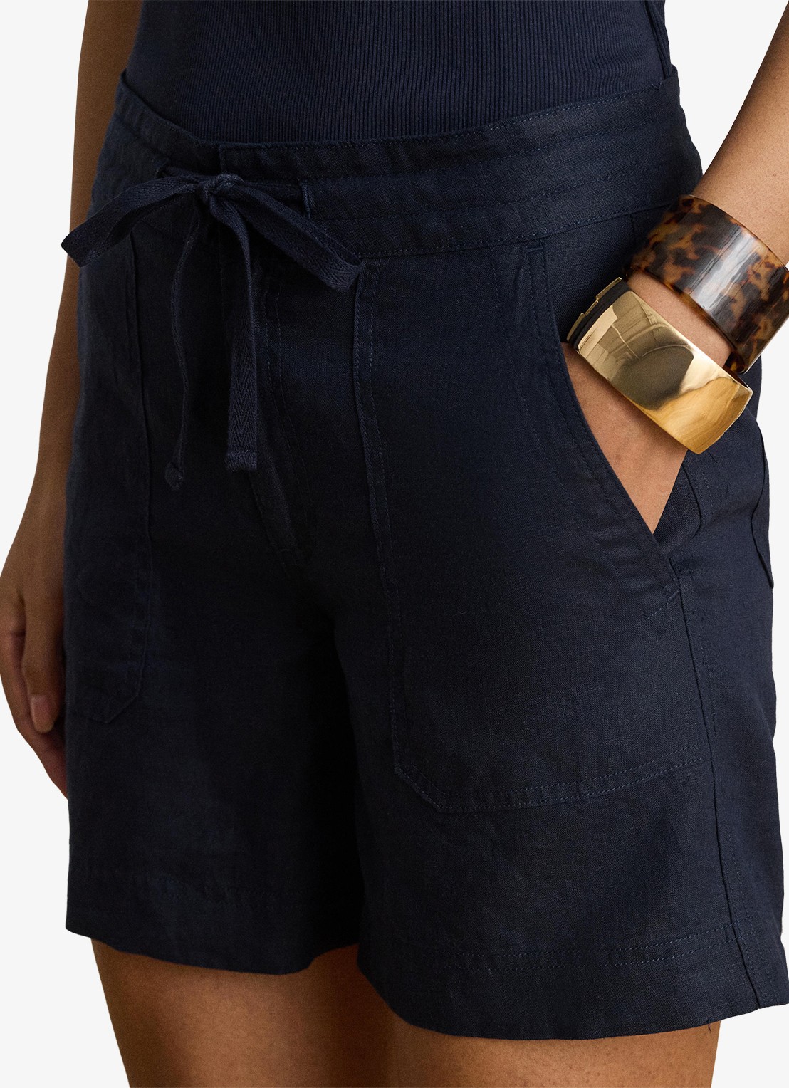 Ralph Lauren High waist wide fit korte broek van linnen - detail 2 lauren navy / donkerblauw