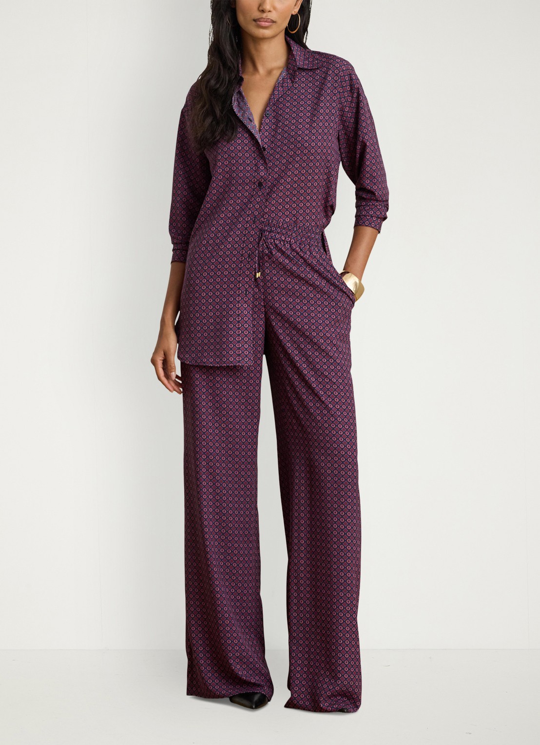 Ralph Lauren High waist wide fit palazzo broek met grafische print - voorkant 2 navy multi / donkerrood
