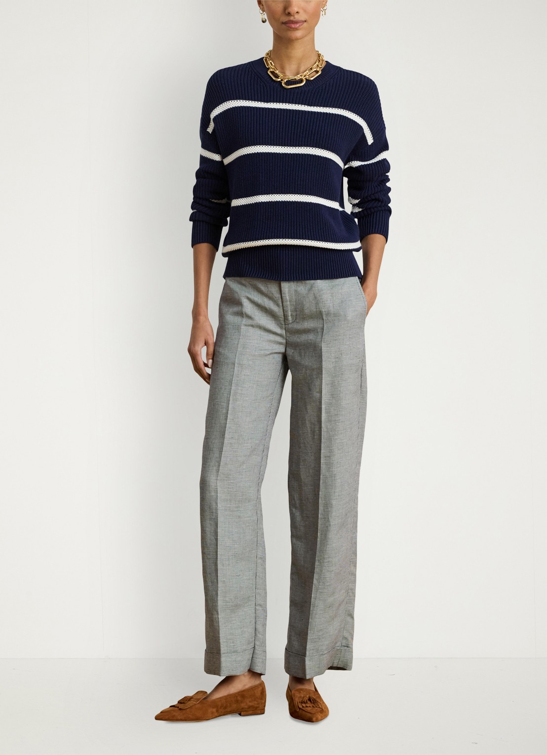 Ralph Lauren High waist wide fit pantalon in linnenblend - voorkant 4 lichtgrijs