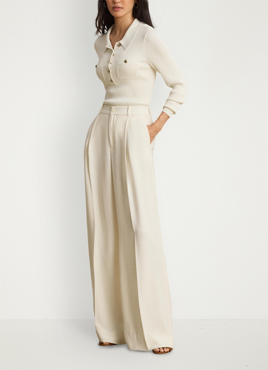 Ralph Lauren High waist wide fit pantalon met steekzaken - voorkant 5 mascarpone crème / crème