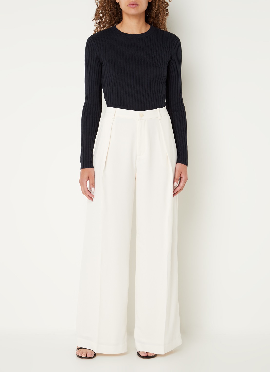 Ralph Lauren High waist wide fit pantalon met steekzakken en persplooi - voorkant 2 creme
