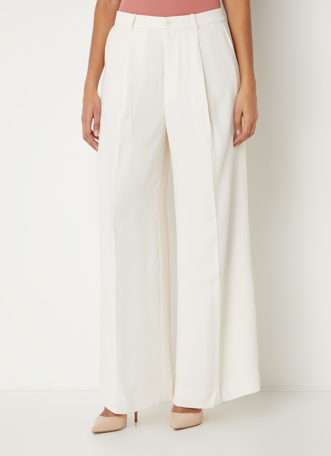 Ralph Lauren High waist wide fit pantalon met steekzakken en persplooi - detail 4 creme