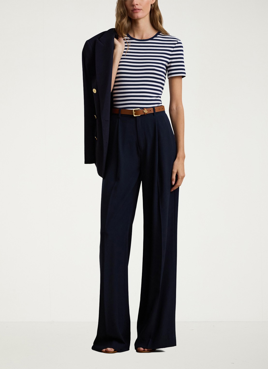 Ralph Lauren High waist wide fit pantalon met steekzakken en persplooi - voorkant 2 donkerblauw