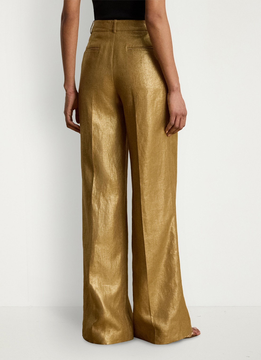Ralph Lauren High waist wide fit pantalon van linnen met metallic finish - achterkant brown/gold foil / bruin