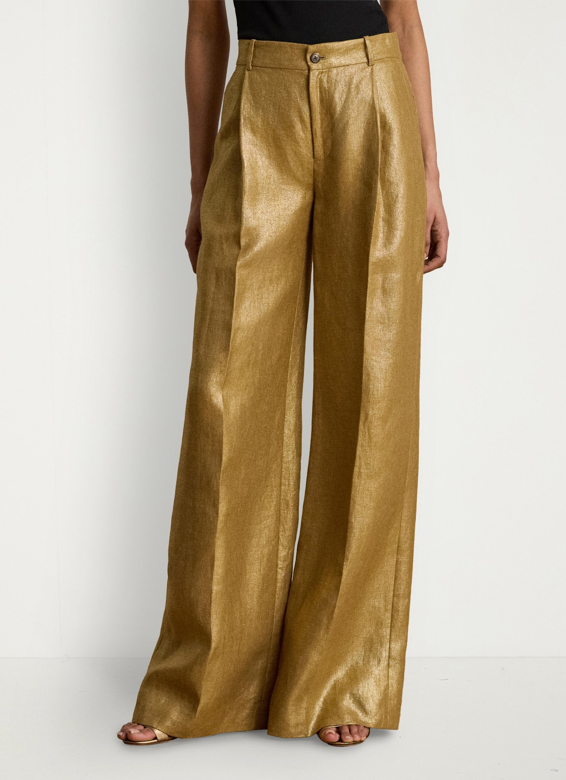 Ralph Lauren High waist wide fit pantalon van linnen met metallic finish - detail 4 brown/gold foil / bruin