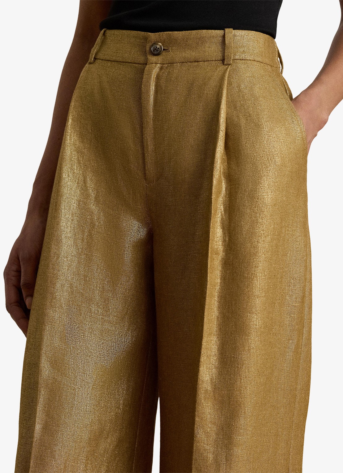 Ralph Lauren High waist wide fit pantalon van linnen met metallic finish - detail 5 brown/gold foil / bruin