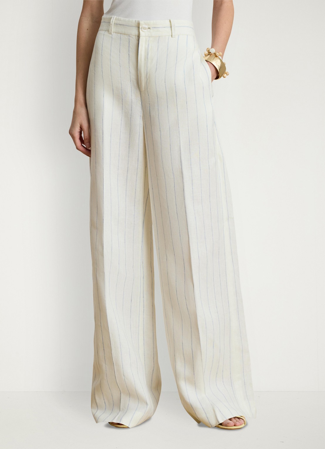 Ralph Lauren High waist wide fit pantalon van linnen met streepprint - detail 4 white/blue multi-2wxu