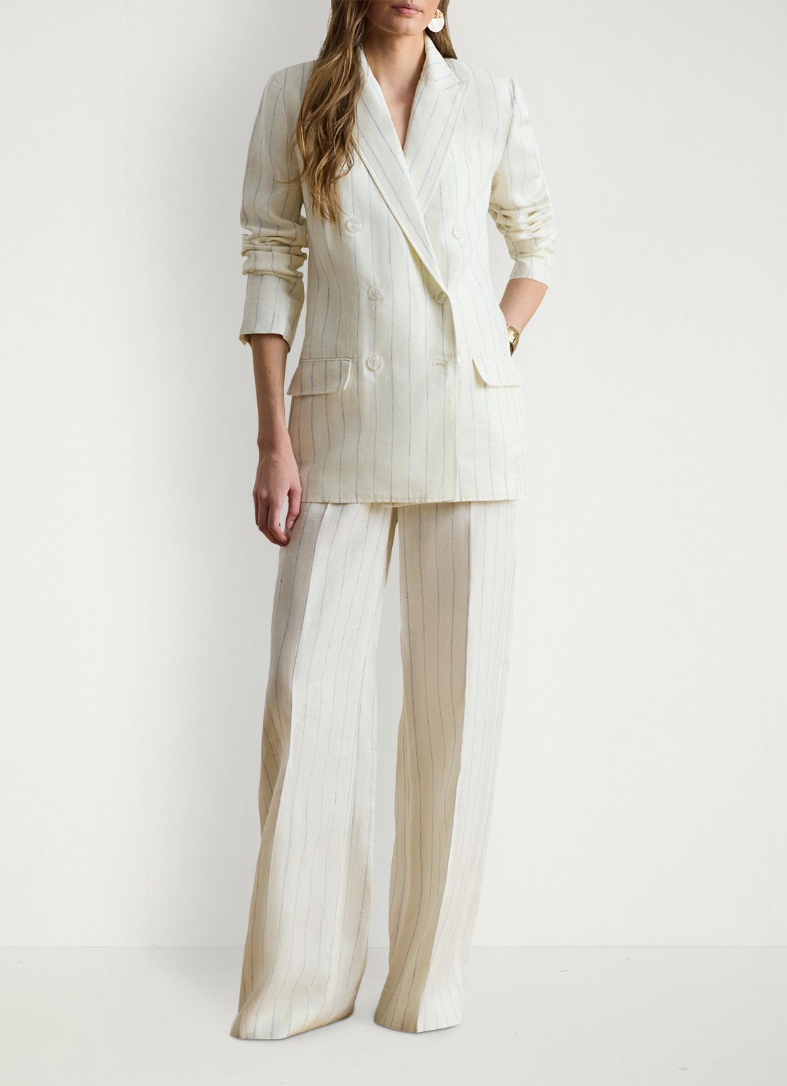 Ralph Lauren High waist wide fit pantalon van linnen met streepprint - voorkant 3 white/blue multi-2wxu
